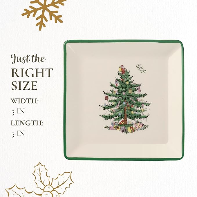 Spode Christmas Tree Tidbit Square Plates (Set of 4) - Festive 5-Inch Ceramic Plates for Canapés, Sweets, and Desserts - Dishwasher, Microwave, Freezer Safe - Excellent for Holiday Entertaining