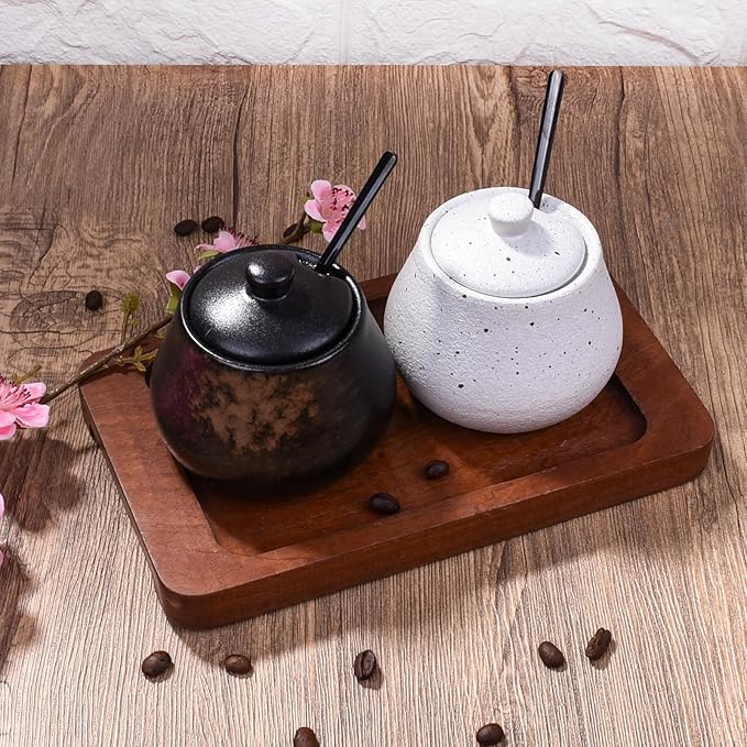 Sugar Bowl with Lid and Spoons Porcelain Sugar Salt Containers for Spice Seasoning (Black)