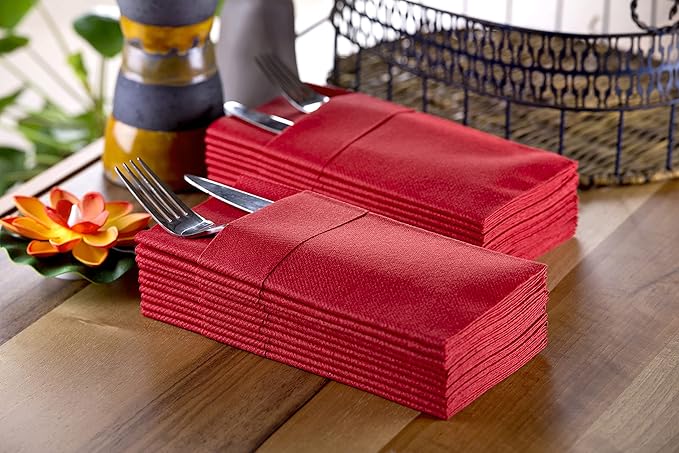 Red Dinner Napkins Cloth Like with Built-in Flatware Pocket, Linen-Feel Absorbent Disposable Paper Hand Napkins for Kitchen, Bathroom, Parties, Weddings, Dinners or Events, Pack of 50