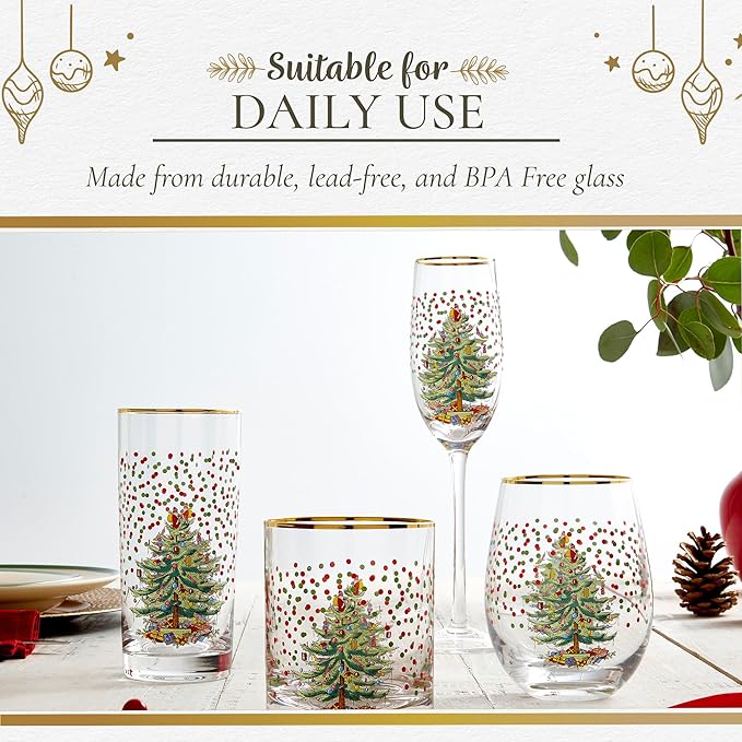 Spode Christmas Tree 8.45 Fl. Oz. Footed Champagne Flute (Set of 4), Polka Dot - Sparkling Wine Glasses for Holiday Celebrations - For Wedding Toasting Flutes & Prosecco Glasses