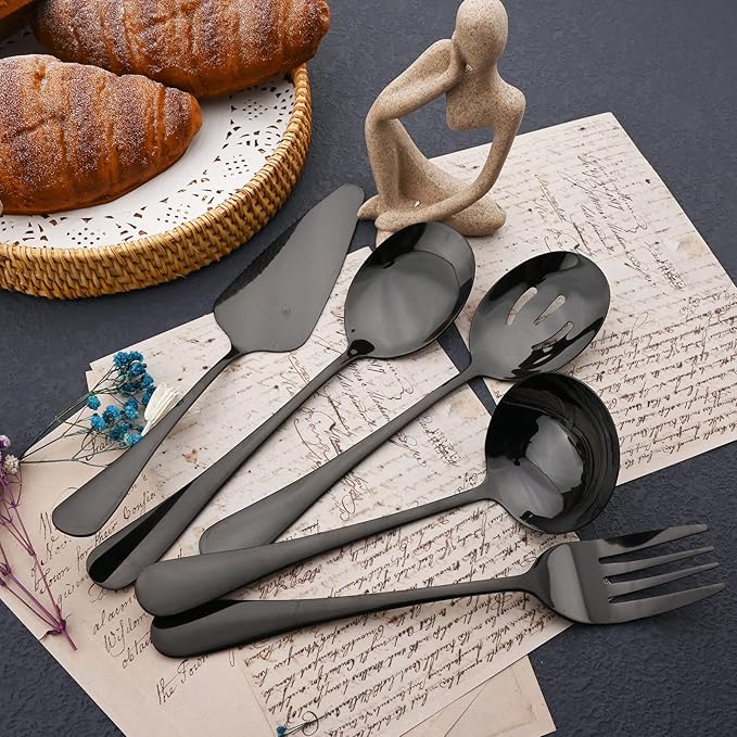 JASHII 25-Piece Fork Spoon Knife Silverware Set with Serving Utensils for 4, Food Grade Stainless Steel Flatware Cutlery Set for Home and Restaurant, Dishwasher Safe - Shiny Black