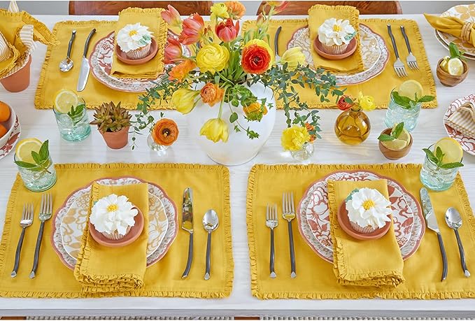Solino Home Mustard Yellow Linen Placemats 14 x 19 Inch - 100% Pure Linen Juliette Ruffle Placemats Set of 4 - Handcrafted and Machine Washable Table Mats