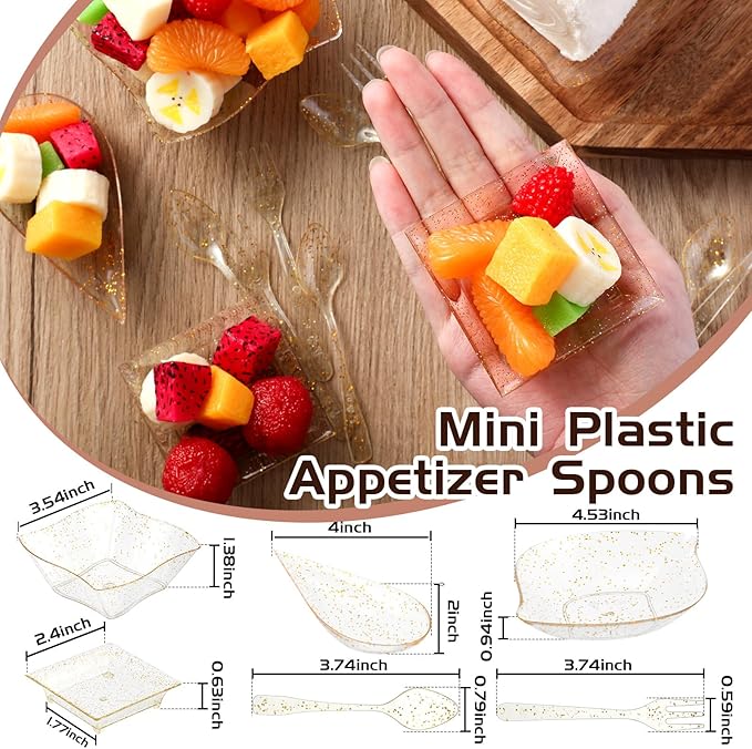 Tessco 400 Pcs Mini Dessert Plates Set, Including 200 Disposable Appetizer Plates Assorted Shape 100 Mini Plastic Forks 100 Plastic Spoons for Party Birthday(Gold Glitter)