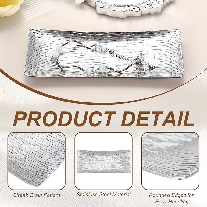 uxcell Decorative Tray, 5.7x2.7 Stainless Steel Rectangular Glossy Serving Tray with Streak Grain Pattern for Dessert Napkin Towel Candle Jewelry Bathroom Platter, Stackable, Silver