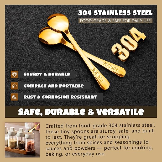 Small Spoons for Spice Jars 6 Pcs Mini Spoons Set, 2.9 Inch SUS 304 Stainless Steel Tiny Spoon for Spices, Salt, Pepper, Condiment, Sugar, Honey, Coffee (Gold)