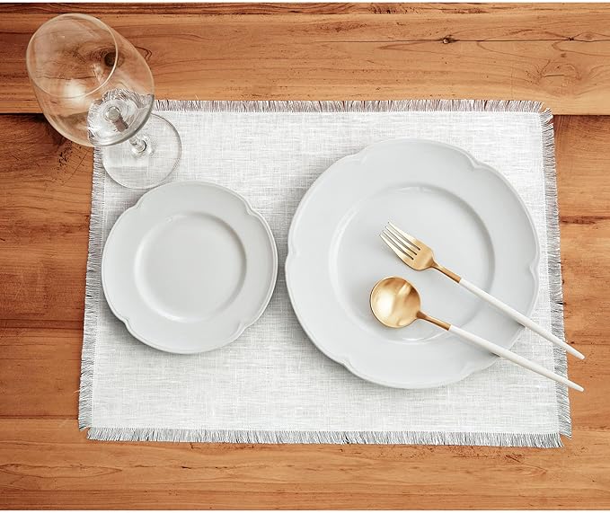 Solino Home Fringe Linen Placemats Set of 4 - White Placemats 14 x 19 Inch - 100% Pure Linen Table Mats for Winter, Christmas, Holiday, New Year