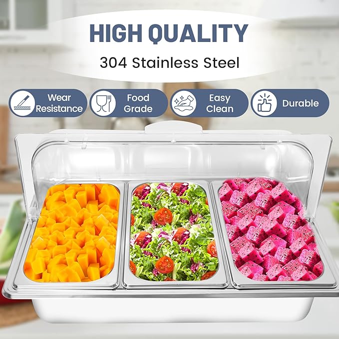Countertop Ice Food Serving Display Tray with 3 Pan, Portable Salad Bar Buffet Station for Home, Cold Food Buffet Server, Pizza Topping Station, Cold Buffet Table Serving Station for Party