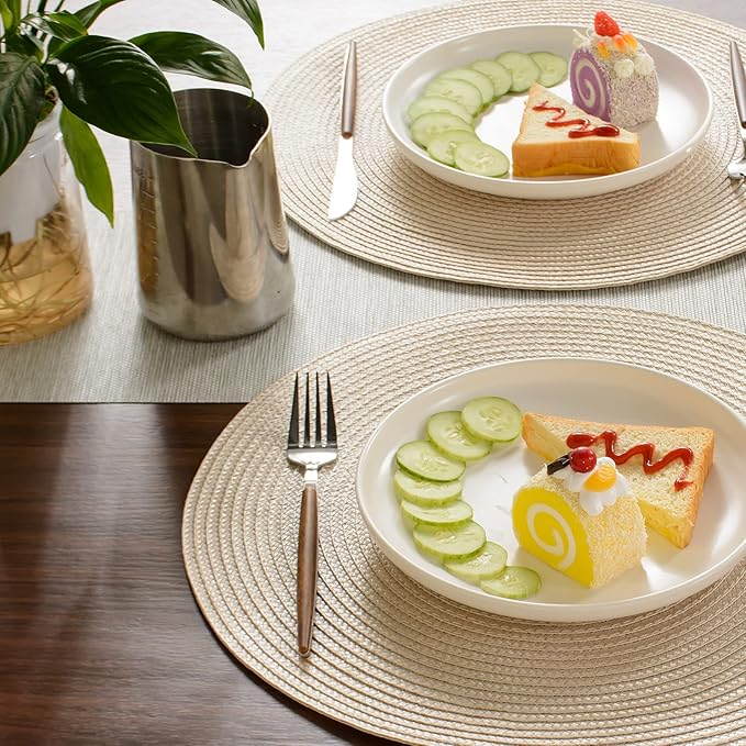 FunWheat Round Braided Placemats Set of 6 Table Mats for Dining Tables Woven Washable Non-Slip Place mats 15 inch(Beige, 6pcs)