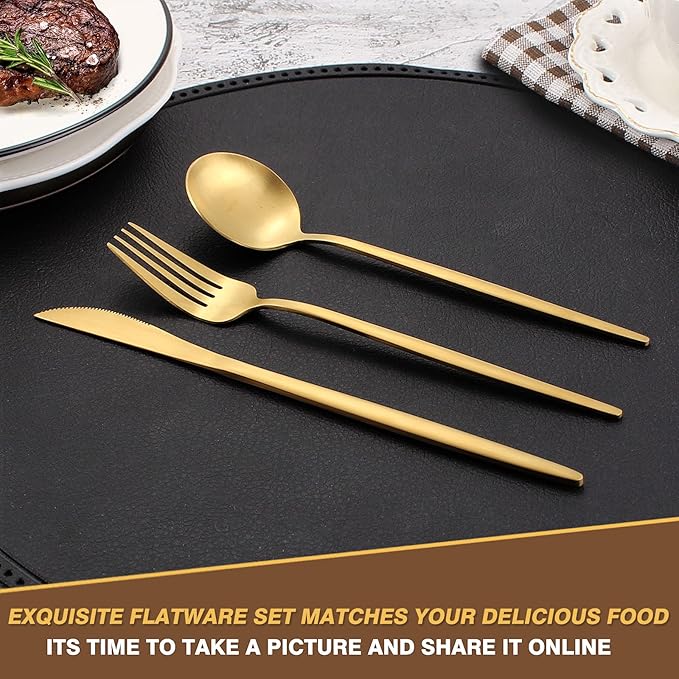 40 Pieces Silverware Set，Matte Gold Stainless Steel Flatware Cutlery Set Service for 8, Stain Finish Kitchen Utensil Set，Include Dinner Knives Forks and Spoons Silverware, Dishwasher Safe