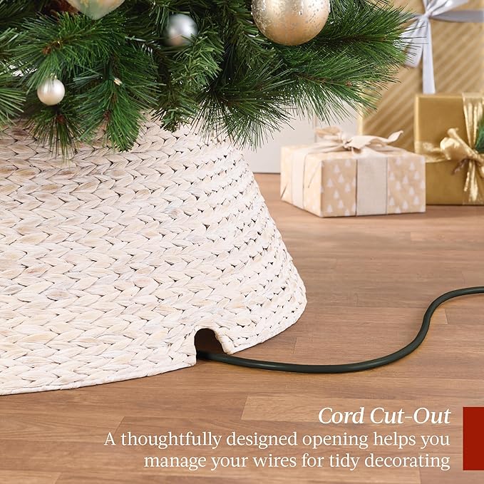 Best Choice Products 42in Christmas Tree Collar, Woven Hyacinth 4-Piece Holiday Rattan Tree Skirt Accessory for Home w/Cord Cut-Out - Transparent White