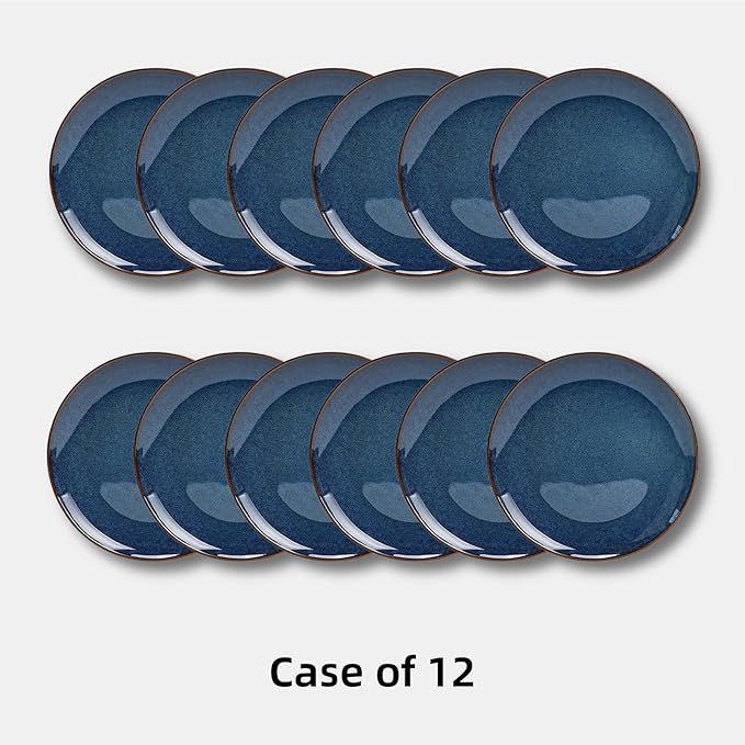 Organic Shape Highland Ceramic Salad plate, 12pcs 8 Inch Handmade Reactive Glaze Stoneware Plates with Wavy Edge, for Kitchen, Microwave & Dishwasher Safe, Scratch Resistant-Blue