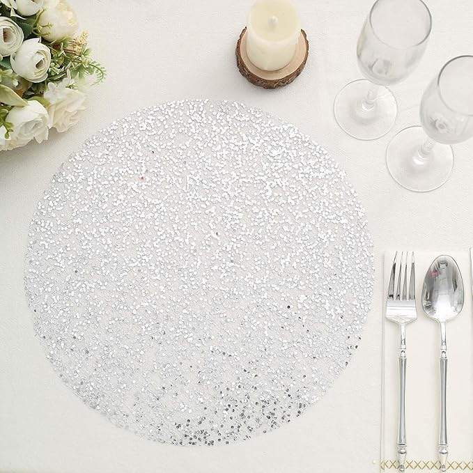 50 Pack 13" Metallic Silver Sequin Placemats - Round Sparkly Dust-Free Table Mats for Dining - Disposable Mesh Mats for Parties and Events