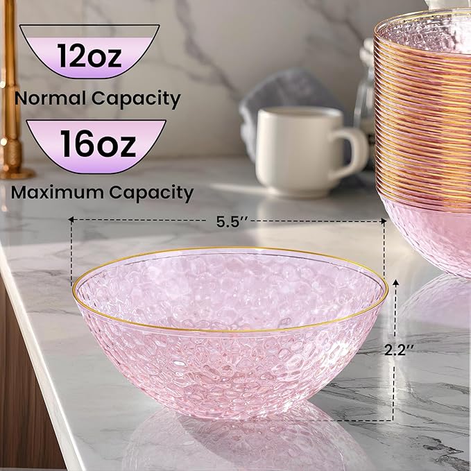 Rubtlamp 20 Pack Clear Pink Disposable Bowls, Pink Plastic Bowls with Gold Rim, 12-16oz Premium Heavy Duty Plastic Dinner Bowls for Party, Wedding and Holiday