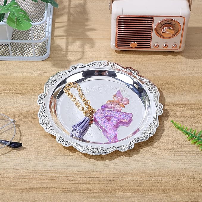 Silver Serving Tray, 2pcs 9. 8" Vintage Round Silver Platter, Decorative Metal Jewelry Plates, Floral Engravedjewelry Tray for Dessert & Fruit Display for Wedding, Home Decor, Entertaining Party