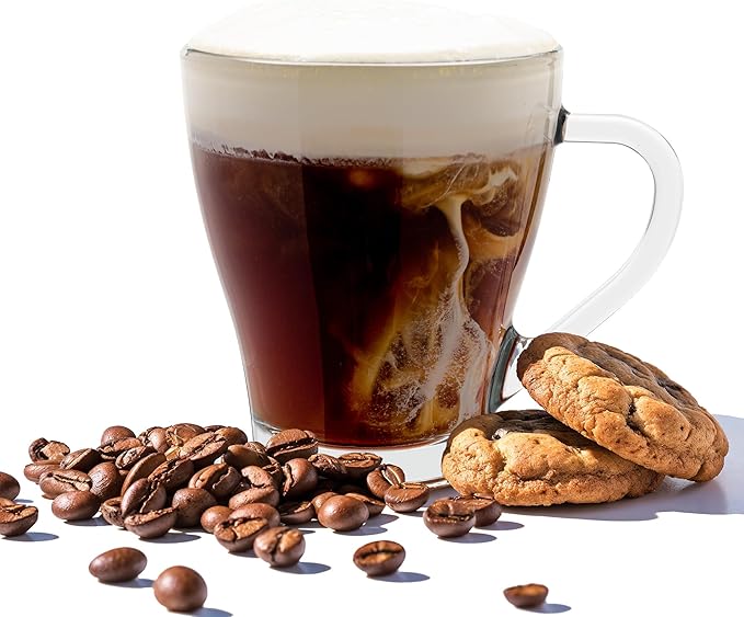 Vikko 9 Ounce Glass Coffee Mugs, Thick and Durable For Coffee, Tea, Cider, Great for Layered Drinks, Microwave and Dishwasher Safe, Set of 12 Clear Glass Mugs, 3.4” Diameter x 3.8” Tall