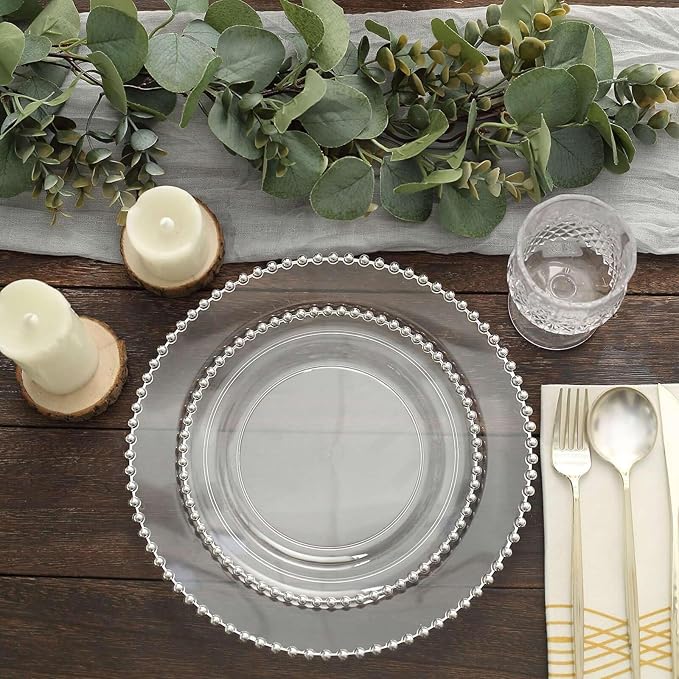 Efavormart 10 Pack | 8" Clear/Silver Beaded Rim Plastic Dinner Plates, Disposable Round Party Plates