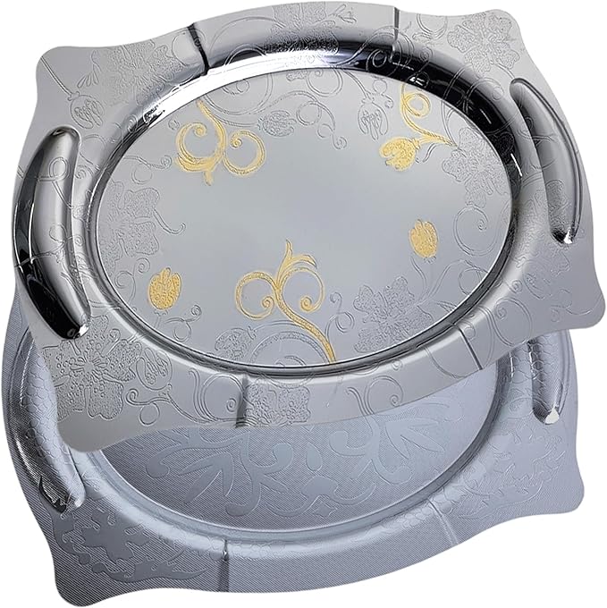 (Pack of 2) 14.2 inch x 9.8 inch Cloud Shape Chrome Plated Silver Serving Tray with Handles Mirror Iron Gold Edge Floral Pattern Engraved Party Birthday Buffet Wine Platter Plate NC-082