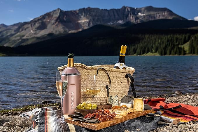 Vinglacé Wine Bottle Chiller Gift Set- Portable Stainless Steel Wine Cooler with 2 Stemless Wine Glasses, Rose Gold