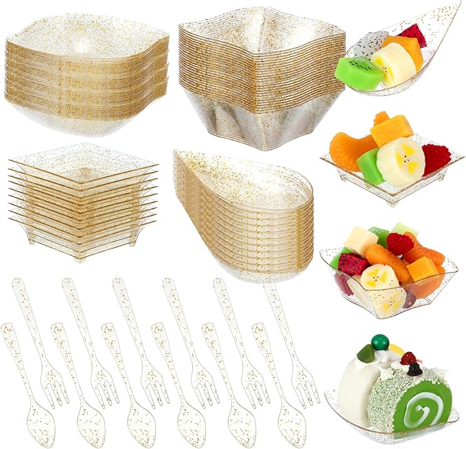 Tessco 200 Pcs Mini Appetizer Plates with Spoons Forks Disposable Mini Dessert Plates Plastic Appetizer Bowls Tiny Individual Serving Trays for Party(Gold Glitter,Classic)