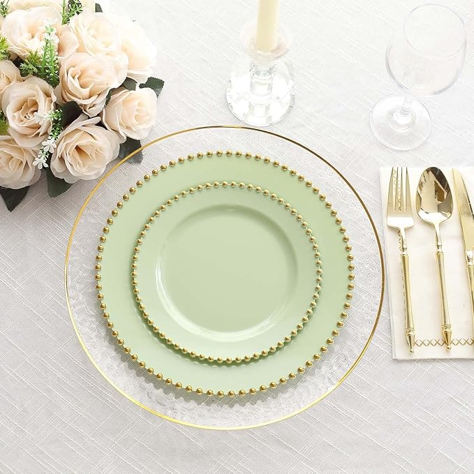 10" Dinner Plates - Set of 30 - Plastic Sage Green/Gold Round Disposable Plate Beaded Rim, Ideal for Decoration Party Wedding Bulk Events