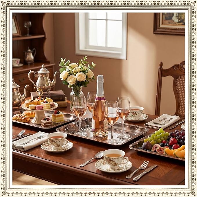 4 Pack Bronze Serving Trays Set for Party, Butterfly Floral Bronze Platter Engraved Mirror Tray, 15.8 x 11.6 Inches Elegant Metal Plate for Christmas Food Appetizer Cookies Desserts