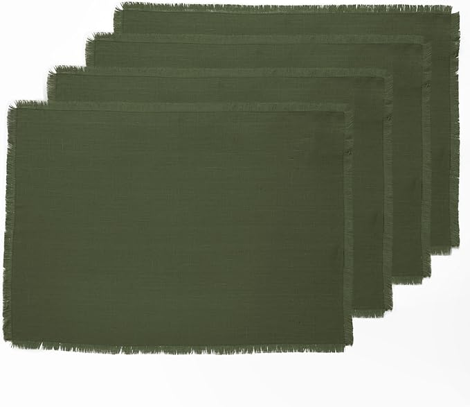 Solino Home Linen Fringe Cloth Placemats Set of 4-100% Pure Linen Desert Green Placemats 14 x 19 Inch for Christmas, Winter, New Year