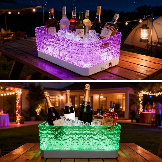 LED Light Up Plastic ice buckets for parties 15L large Clear beverage tub 7-color LED light ice buckets For Champagne Beer Cocktails Family Gathering Bar Nightclub Essential (Ice Texture)