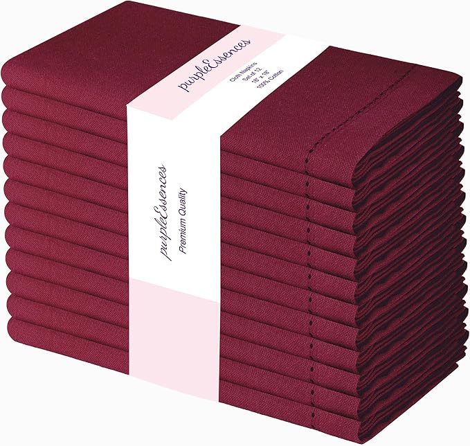 PurpleEssences Set of 12 Hemstitch Cloth Dinner Napkins 100% Cotton - Soft Durable Washable - Ideal for Wedding Spring Easter Summer - Perfect Everyday Use Table Linen 18x18 - Burgundy