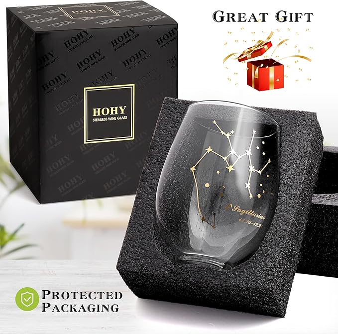 HOHY Sagittarius Zodiac Wine Glass 20 Oz, Sagittarius Zodiac Birthday Horoscope Gifts for Women, Wine Glass Astrology Constellation Christmas Gifts for Women, Constellation Wine Glasses Golden