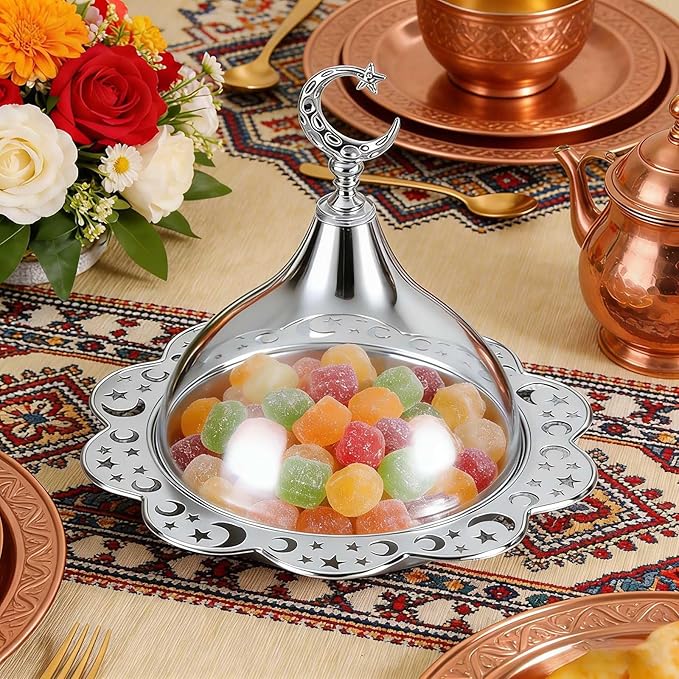 Vintage Ramadan Plates, Multi-Function Kitchen Ramadan Tray with Lid, Ramadan Serving Trays for Party Cafe Home (Silver)