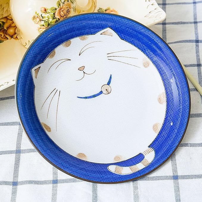 JapanBargain 2560, Set of 4 Japanese Round Porcelain Appetizer Plates for Dessert Cake Snack Maneki Neko Smiling Lucky Cat Pattern for Cat Lovers Cat Dinner Plate, Made in Japan, 6.5-inch, Blue
