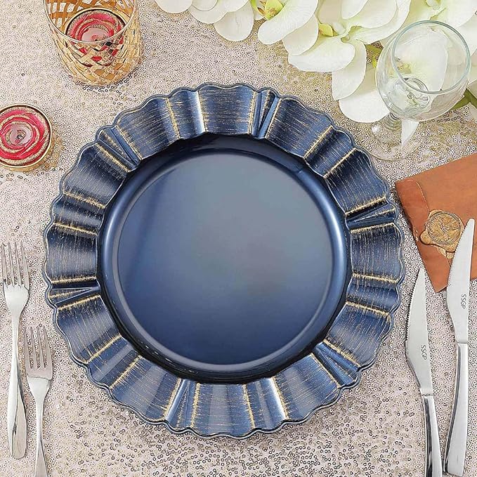 Efavormart Set of 6-13" Round - Navy Blue Plastic Charger Plates With Waved Scalloped Rim for Wedding, Outdoor Receptions, Banquets, Holiday Dinner plates Chargers