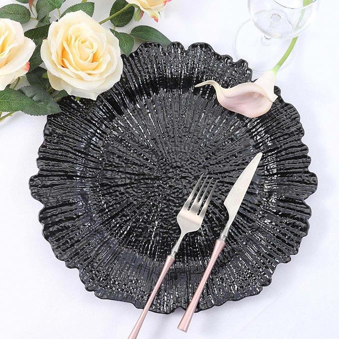 13" Charger Plates - Set of 12 - Acrylic Black Round Reef Disposable Chargers, Ideal for Dinner Party Wedding Holiday Bulk Events