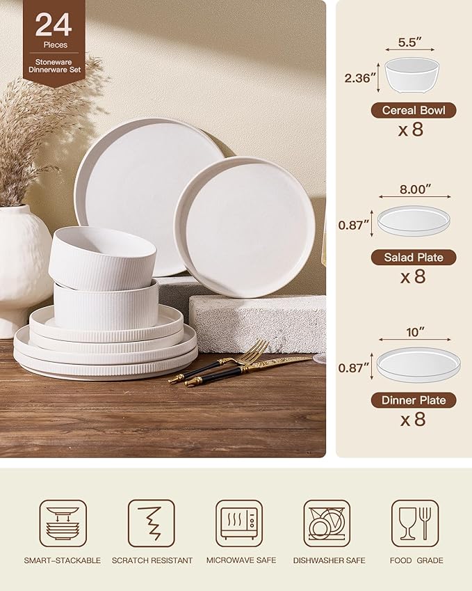 Stoneware Plates and Bowls Dishes Sets for 6 (18-Piece), Handcrafted Reactive Glaze Dinnerware Set with Raised Rim, Scratch Resistant, Microwave Dishwasher Safe, Matte Reactive White