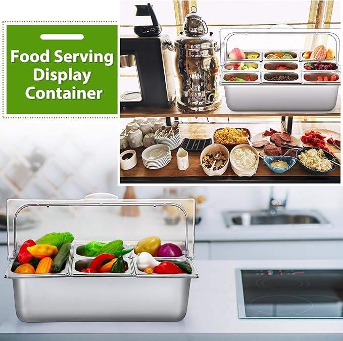 Countertop Food Serving Display Container and Clear Roll Top Cover Stainless Steel Food Serving Tray Buffet Condiment Dispenser Display Rack for Restaurant Hotel Kitchen Party (9 Pan)