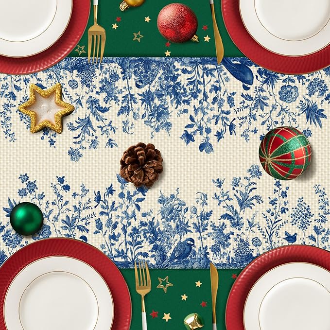 Blue Floral Birds Table Runner Seasonal Spring Kitchen Dining Linen Table Decoration for Indoor Outdoor Home Party Decor 13 x 72 Inch