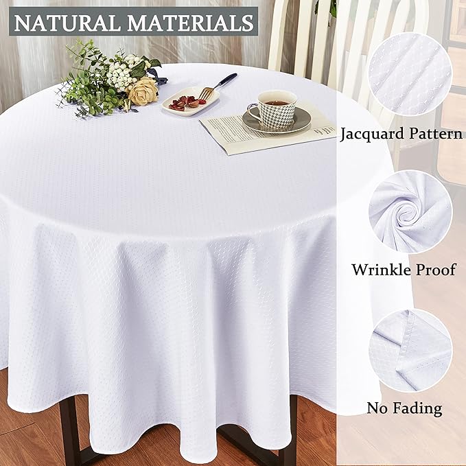 Rectangle Table Cloth Linen Farmhouse Stainproof Waterproof Washable Polyester Oblong Rectangular Fabric Table Cover for Kitchen Dining Dinner (White, Round 70'' Inch)