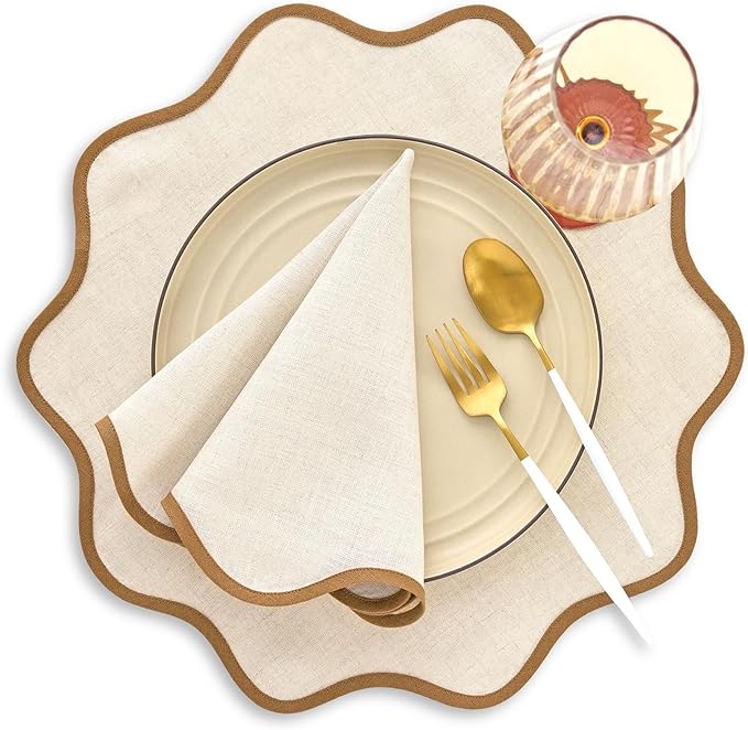 Solino Home Linen Scallop Cloth Napkins Set of 4-100% Pure Linen Brown Sugar and Natural Dinner Napkins 20 Inch for Christmas - Giselle Scallop Edge, Handcrafted and Machine Washable