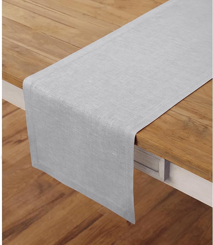 Solino Home Linen Soft Grey Table Runner 108 Inches Long - 100% Pure Linen 14 x 108 Inch Table Runner for Christmas, Winter, New Year - Fete