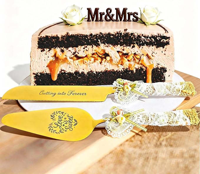 Wedding Cake Knife and Server Set – 10.83" Serrated Knife & 9.84" Server with Rustic Lace Burlap Handles, Stainless Steel Blades, for Bride & Groom, Anniversary & Engagement Gift(gold)