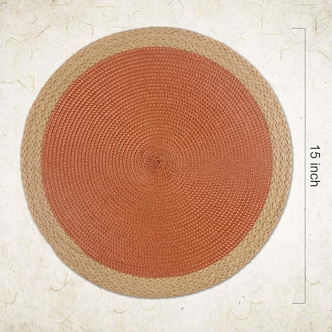 Noctiflorous Round Placemats Set of 4, 15 Inch Braided Hand Woven Table Mats, Heat Resistant Non-Slip Wipeable Wide Edge Place Mats for Kitchen Dining Indoor Outdoor Use(Dark Orange, 4)
