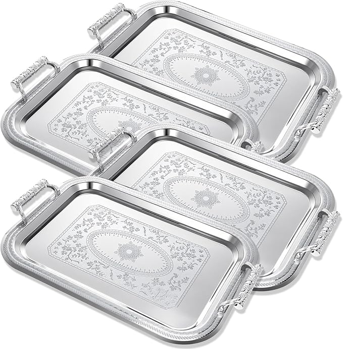 4 Pack Stainless Steel Serving Tray with Handle, 16 x 11.4 Inch Large Silver Plate Elegant Floral Metal Platter Tableware for Buffet Wedding Birthday Decorative