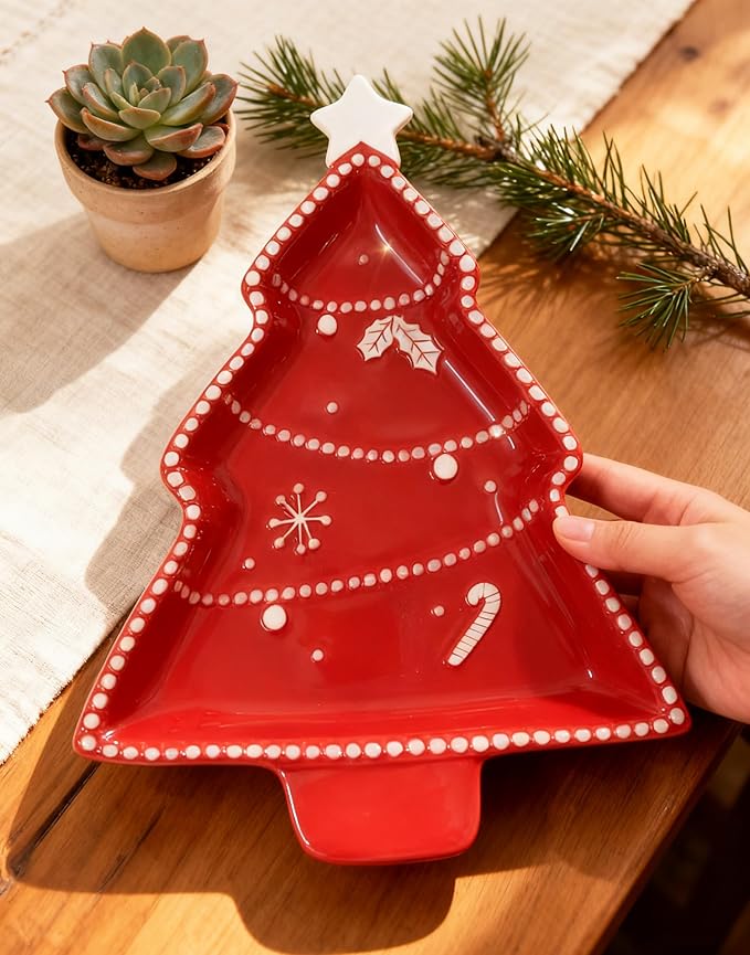 12 Inches Snacks Appetizer Trays Set, Christmas Tree Dessert Porcelain Serving Dishes, Snack Platter, Food Cereal Salad Tray, Red Xmas High Relief Ceramic Plate - Star