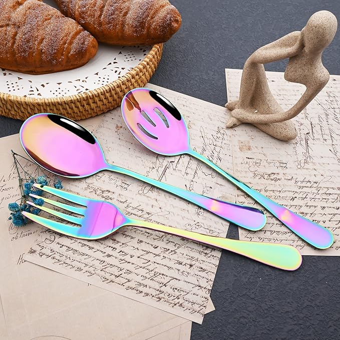 JASHII 25-Piece Fork Spoon Knife Silverware Set with Serving Utensils for 4, Food Grade Stainless Steel Flatware Cutlery Set for Home and Restaurant, Dishwasher Safe - Shiny Rainbow