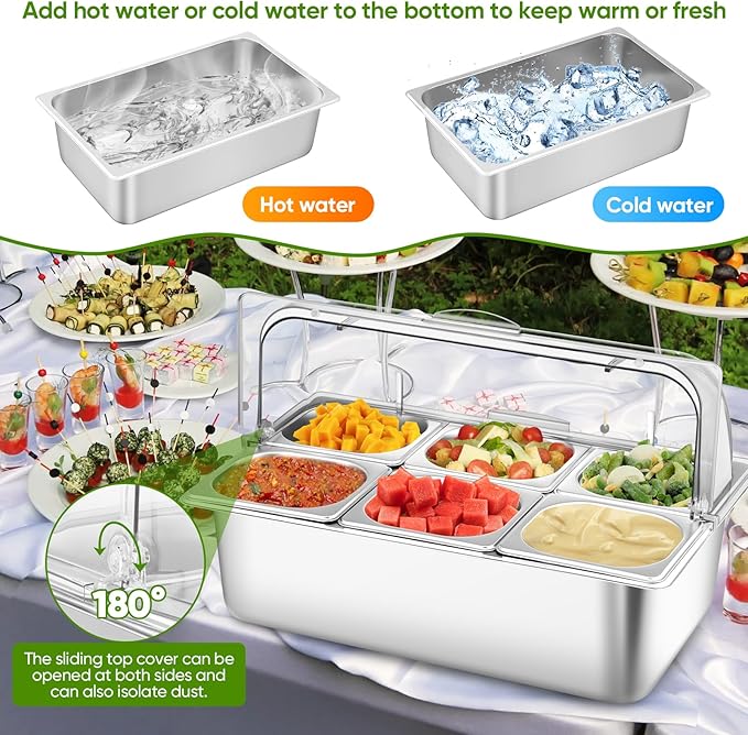 Countertop Food Serving Display Container with Clear Roll Top Cover, Stainless Steel Salad Serving Tray Condiment Dispenser Ice Food Serving Display Tray for Buffet Restaurant Kitchen Party(6 Pan)