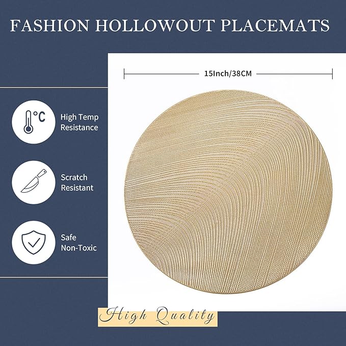 FAVE Golden Round Placemats Vinyl Slip Resistant Table Mats Set of 6 Washable Vinyl Hollowout Textures Placemats for Dining Table Durable PVC Table Mats（15 x15,Gold）