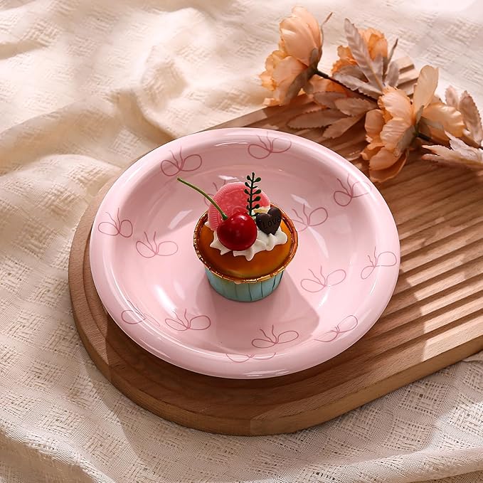 Koythin Ceramic Dessert Plates, Cute Pink Dish Bow Salad Plates for Home Party Restaurant, Round Kitchen Plates, Microwave and Dishwasher Safe (Pink Plate Bow)