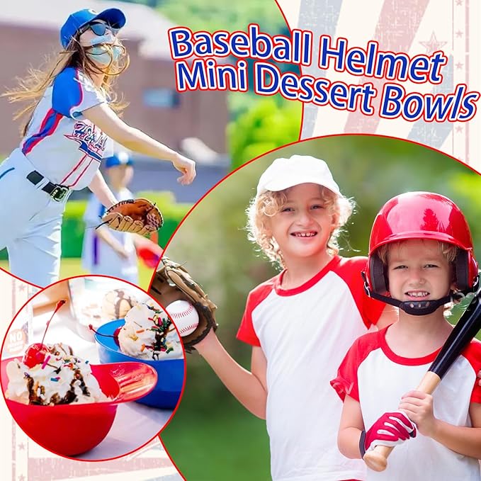 24Pcs Baseball Helmet Bowl,8oz Mini Dessert Bowls with Spoons,Reusable Appetizer Cups for Ice Cream,Snacks,Cake,Pudding,Yogurt,Birthday Party Supplies(Red,Blue,White)