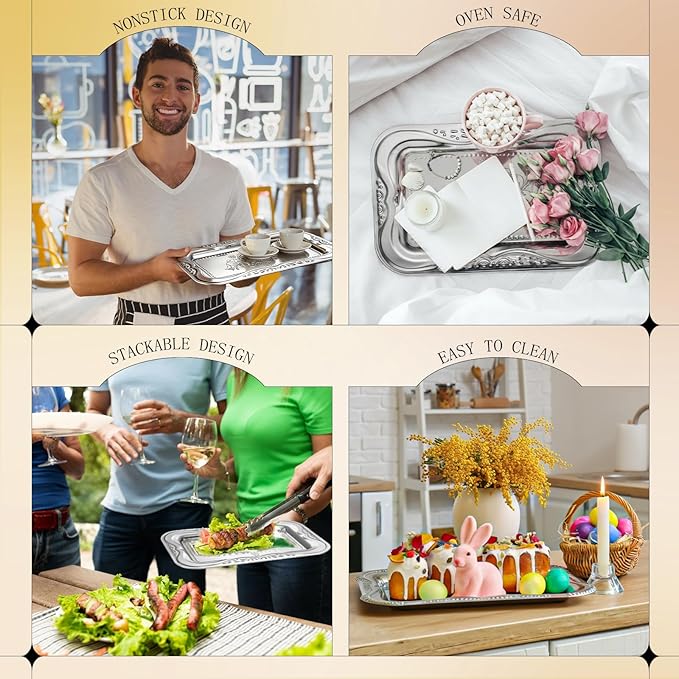 LemonRoad 6 Pack Silver Serving Trays 13.8 x 8.7 Inch Stainless Steel Dinner Trays Engraved Mirror Decorative Tray Silver Platters for Whiskey Charcuterie Snacks Desserts Fruits