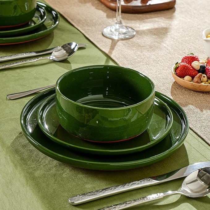 Plates and Bowls Sets, 6Piece Ceramic Dinnerware Set for Family and Gatherings,Dishes Set for 2,Dishwasher & Microwave Safe, Handcrafted Dishware Sets，Elegant Green